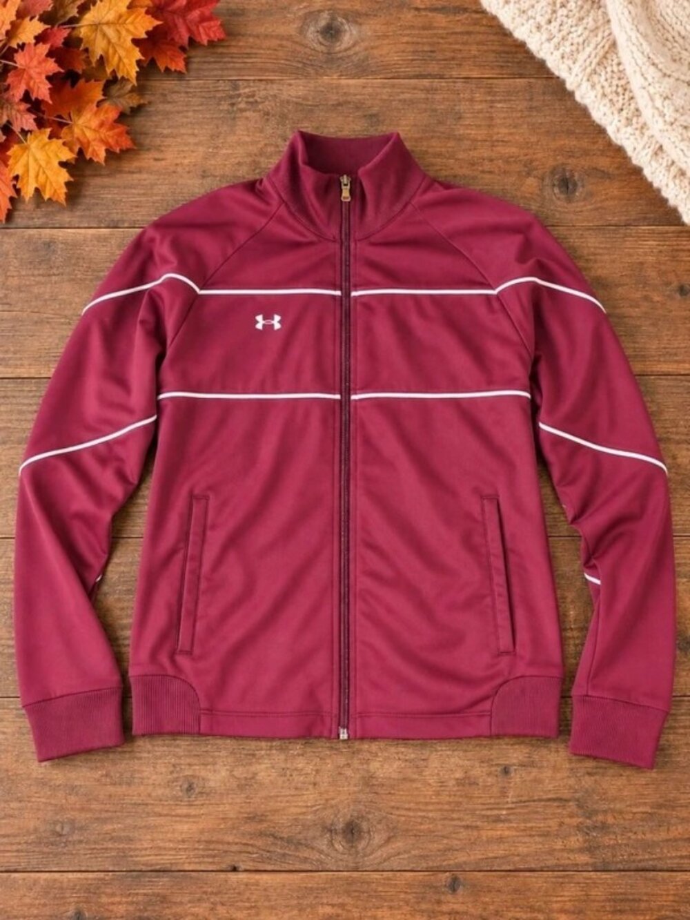 Under Armour Women’s Full Zip Track Jacket Burgundy Maroon White Piping